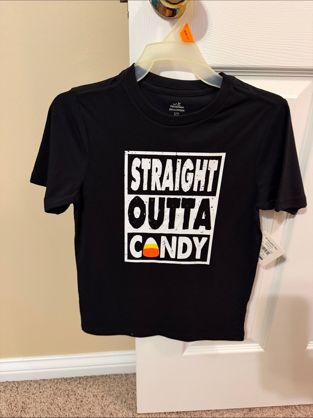 Celebrate black Short sleeve Tee with White Graphic and Candy Corn Accent